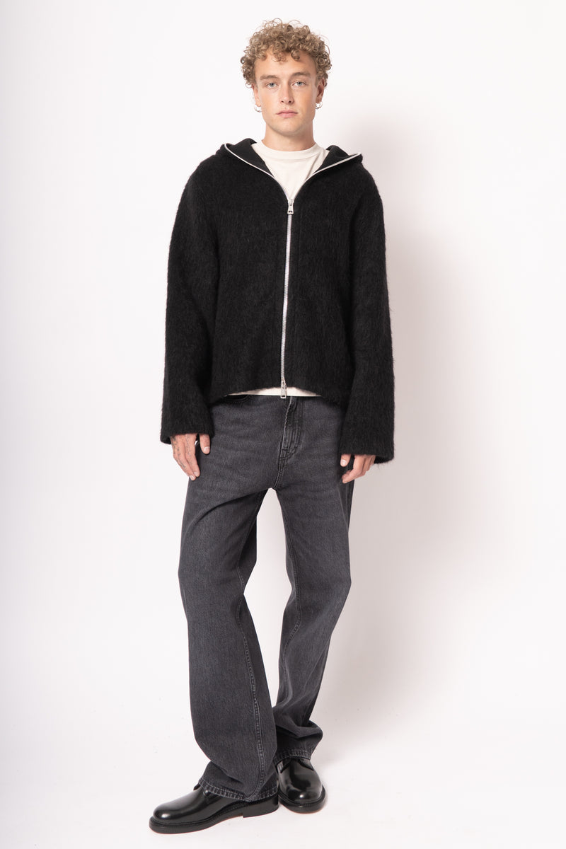 Full Zip Hood Black Hairy Wool