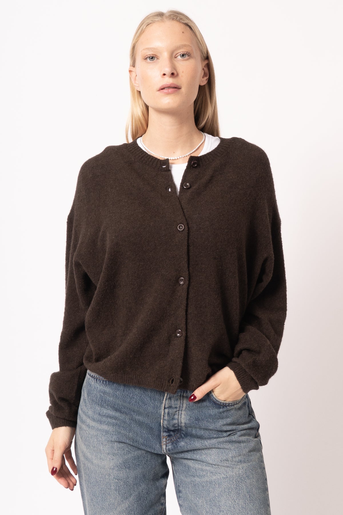 Gilet Ml Col Rond Boutonne Choco Chiné