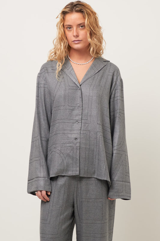 Monogram Flannel Pj Top Smoke Melange