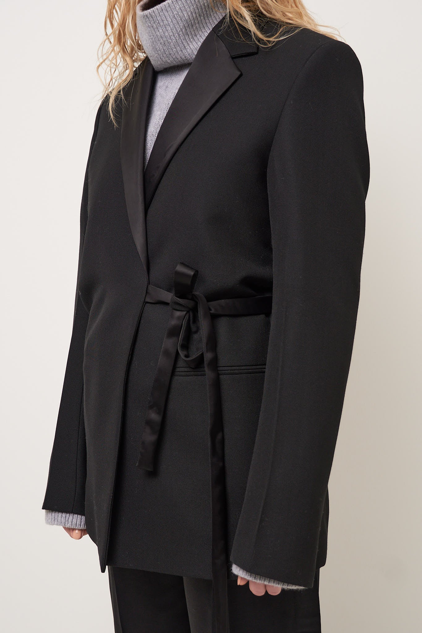 Satin-Lapel Wrap Blazer Black