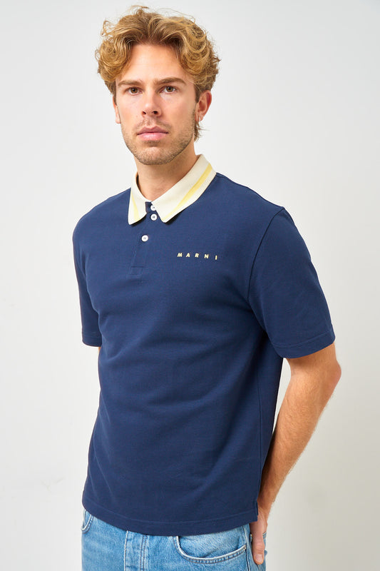 Striped Collar Polo Shirt Deep Blue