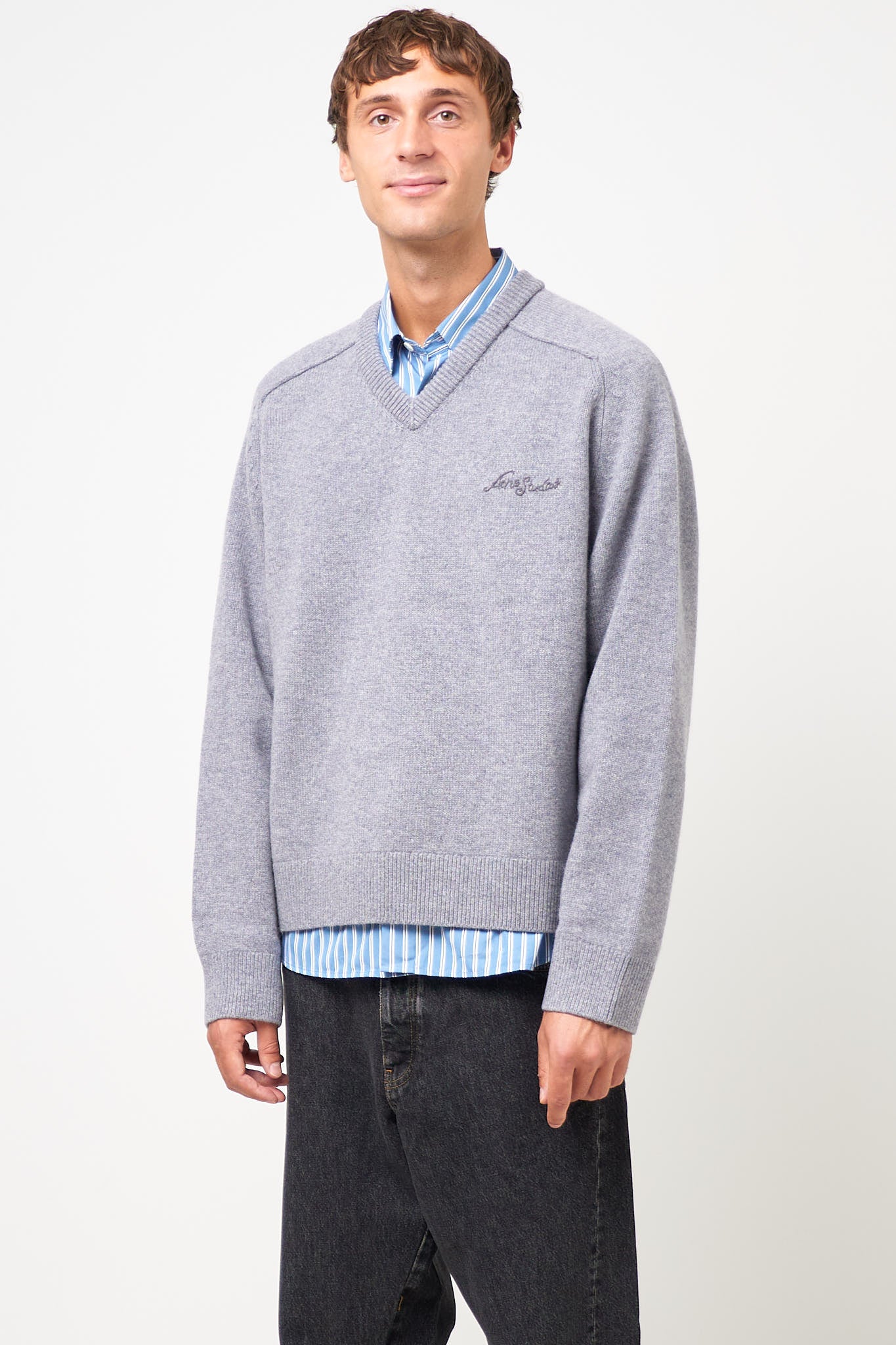Wool V-Neck Sweater Dark Gray Melange