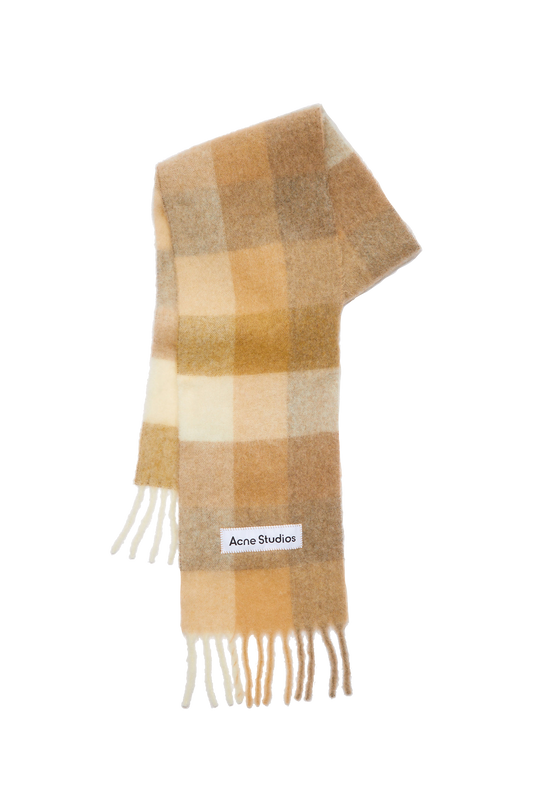 Checked Wool Fringe Scarf White/Beige