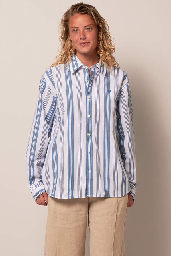 Stripe Button Up Shirt White/Steel Blue