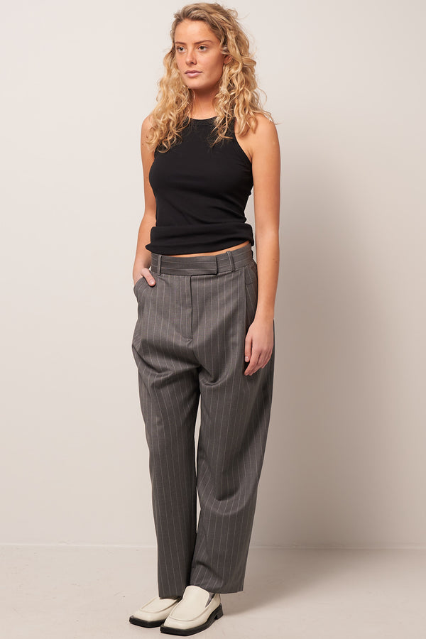 Deep Pleat Wool Trousers Grey Pinstripe